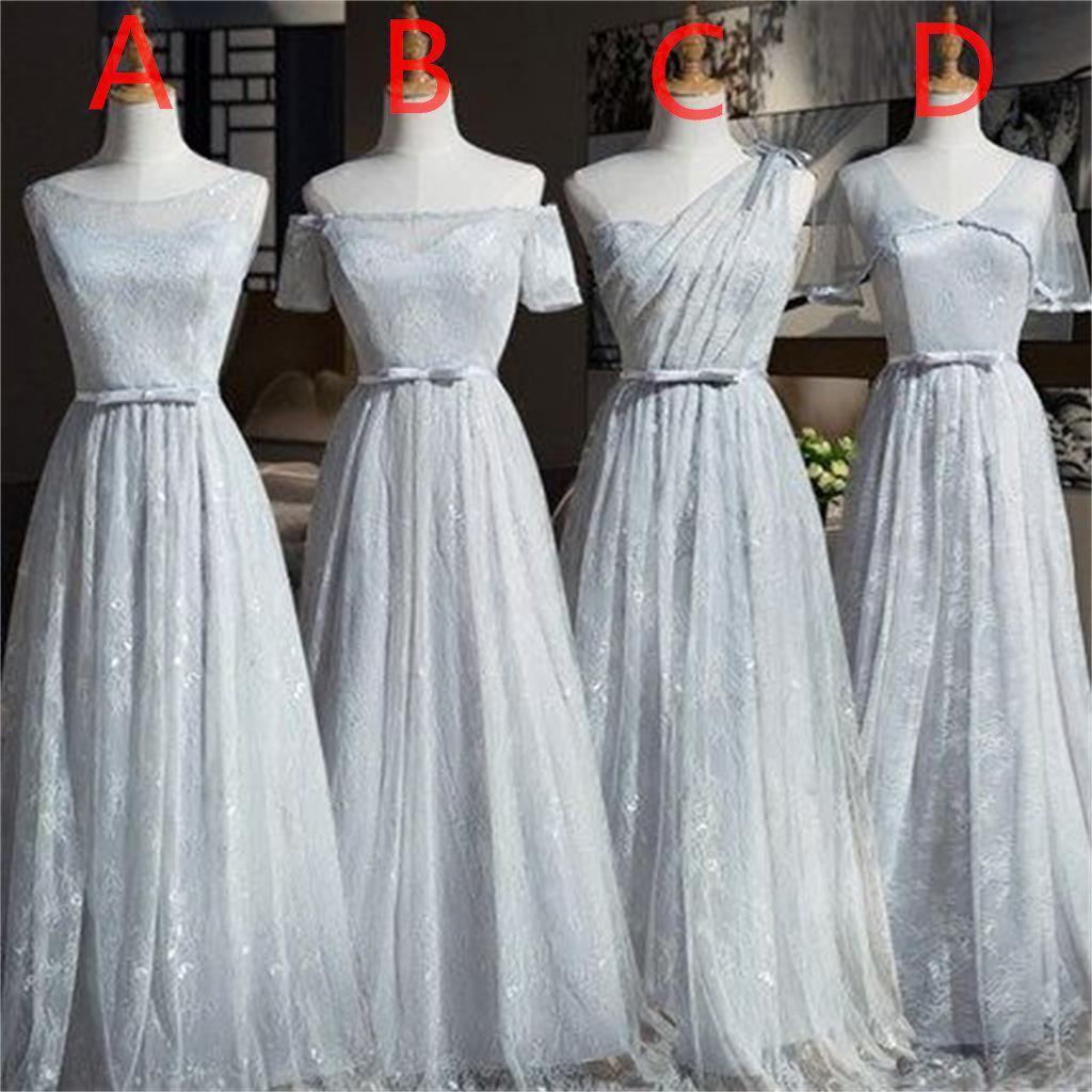 Mismatched Elegant Gray Lace Soft Tulle Long Bridesmaid Dresses, Cheap Custom Long Bridesmaid Dresses, Affordable Bridesmaid Gowns, BD014