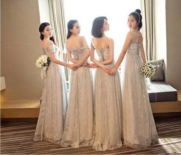 Mismatched Elegant Gray Lace Soft Tulle Long Bridesmaid Dresses, Cheap Custom Long Bridesmaid Dresses, Affordable Bridesmaid Gowns, BD014