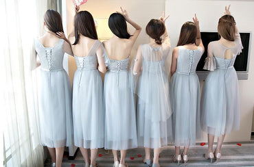 Mismatched Gray Tea Length Lace Bridesmaid Dresses, Cheap Custom Short Bridesmaid Dresses, Affordable Bridesmaid Gowns, BD025