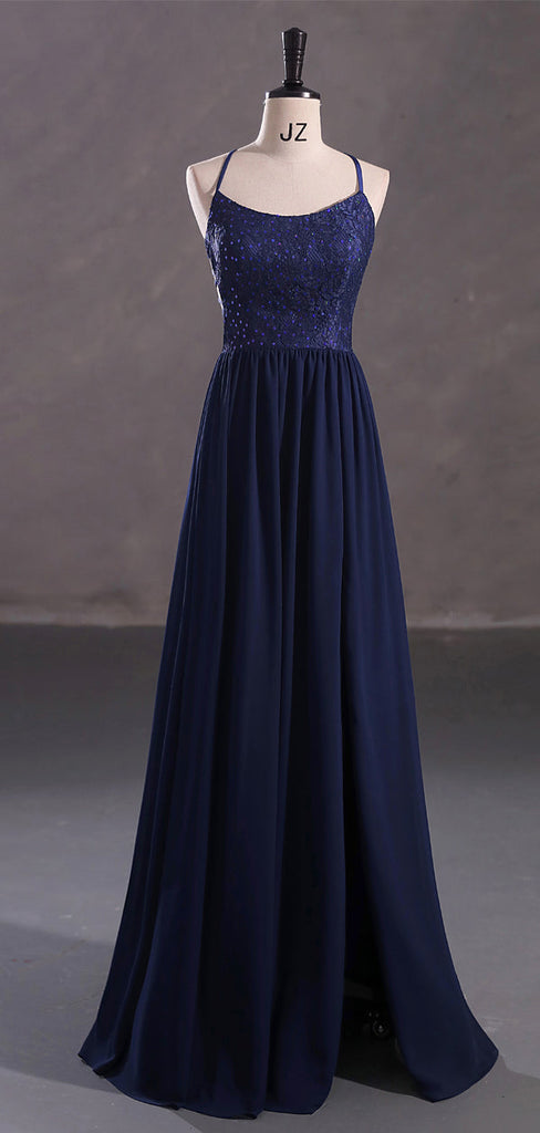 Navy Blue A-line Spaghetti Straps Cheap Long Prom Dresses Online,12861