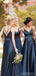 Navy Blue A-line Spaghetti Straps V-neck Cheap Long Bridesmaid Dresses Online,WG1032
