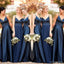 Navy Blue A-line Spaghetti Straps V-neck Cheap Long Bridesmaid Dresses Online,WG1032