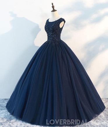 Navy Cap Sleeves Ball Gown Tulle Cheap Long Evening Prom Dresses, Custom Sweet16 Dresses, 18410
