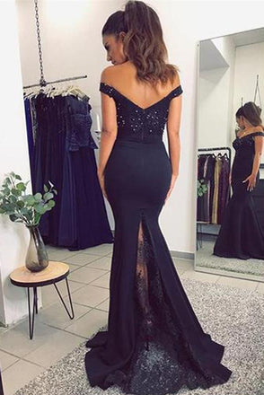 Off Shoulder Black Mermaid Long Evening Prom Dresses, 17456