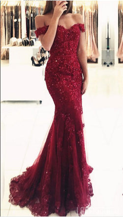 Off Shoulder Dark Red Lace Beaded Mermaid Evening Prom Dresses, Popular 2018 Party Prom Dresses, Custom Long Prom Dresses, Cheap Formal Prom Dresses, 17207
