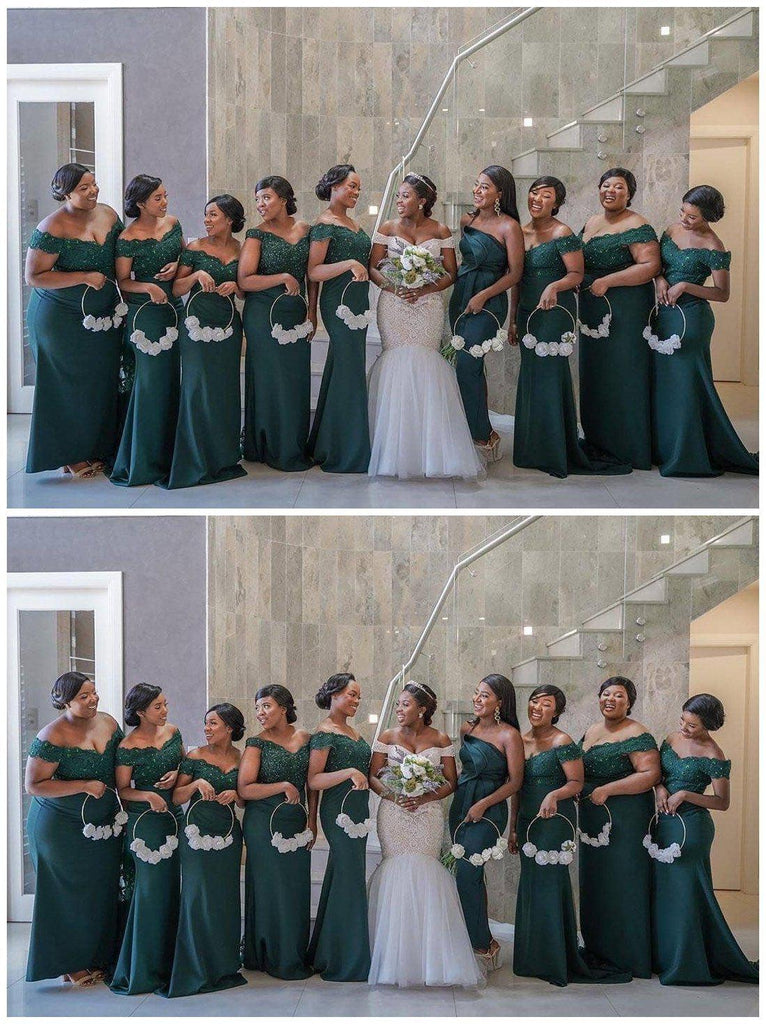 Off Shoulder Green Lace Applique Mermaid Short Cheap Bridesmaid Dresses Online, WG662