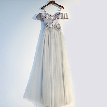 Off Shoulder Grey Tulle A line Evening Prom Dresses, Popular Gray Party Prom Dresses, Custom Long Prom Dresses, Cheap Formal Prom Dresses, 17190