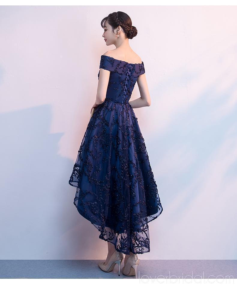 Off Shoulder High Low Navy Lace Cheap Homecoming Dresses Online, Cheap Short Prom Dresses, CM797