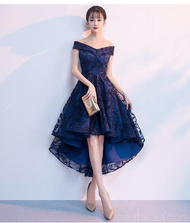 Off Shoulder High Low Navy Lace Cheap Homecoming Dresses Online, Cheap Short Prom Dresses, CM797