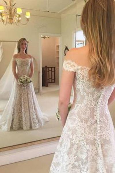 Off Shoulder Lace A-line Cheap Wedding Dresses Online, Cheap Bridal Dresses, WD547