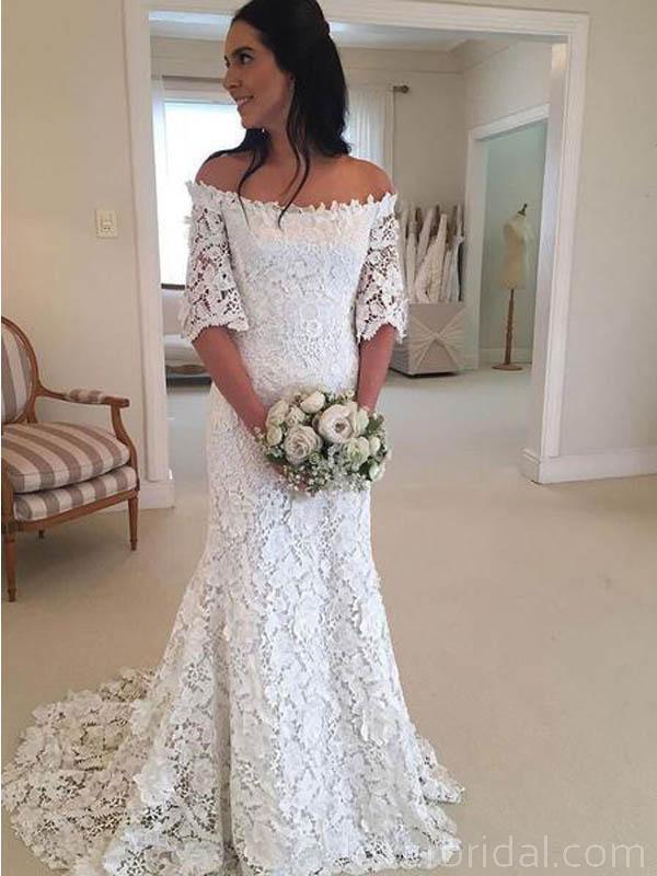 Off Shoulder Lace Short Sleeves Cheap Wedding Dresses Online, Cheap Bridal Dresses, WD549