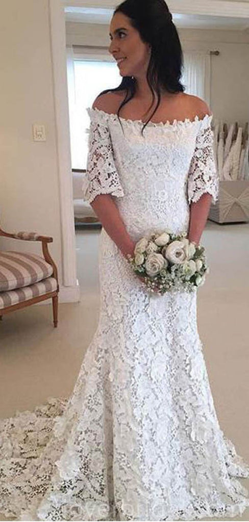 Off Shoulder Lace Short Sleeves Cheap Wedding Dresses Online, Cheap Bridal Dresses, WD549