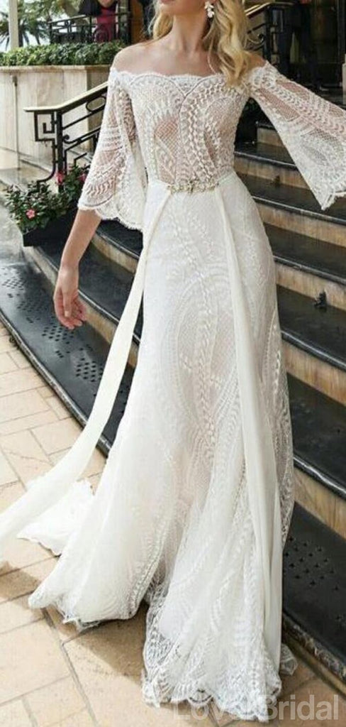 Off Shoulder Long Sleeves Lace Wedding Dresses Online, Cheap Unique Bridal Dresses, WD595