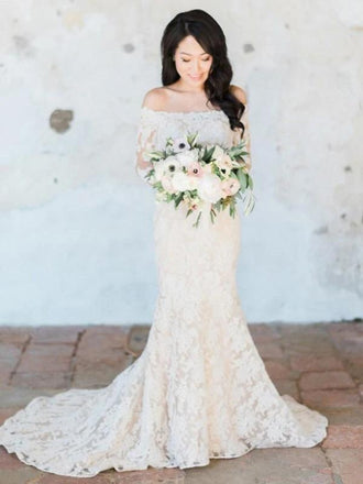 Off Shoulder Long Sleeves Mermaid Cheap Wedding Dresses Online, Cheap Bridal Dresses, WD612