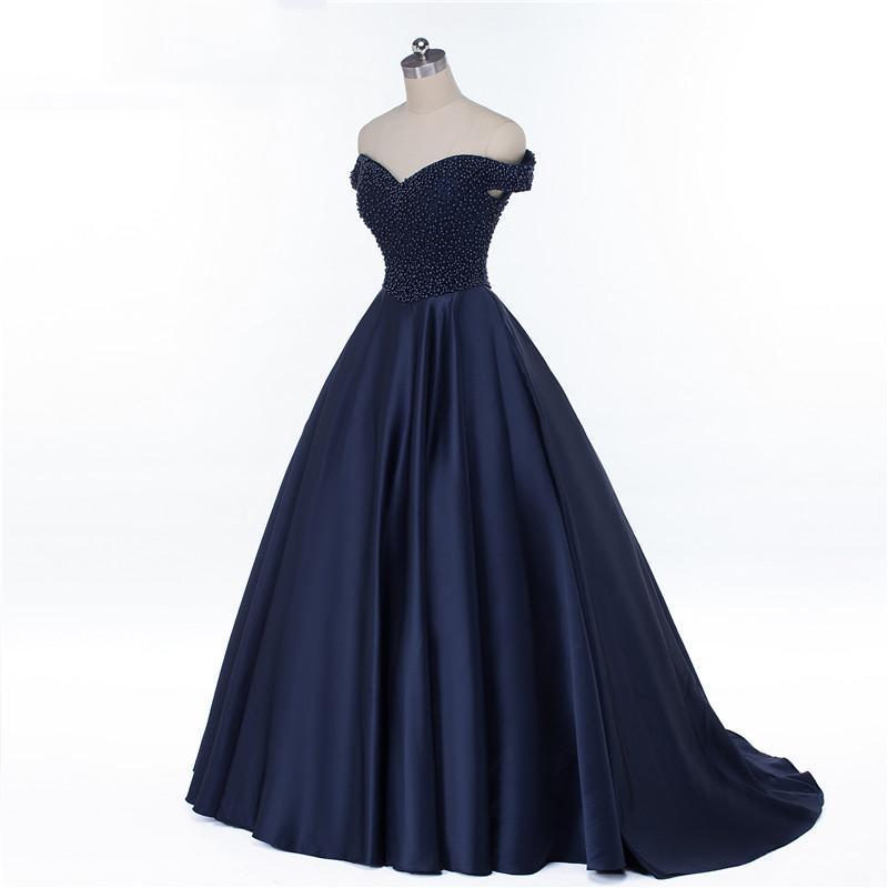 Off Shoulder Navy Blue Beaded A line Long Evening Prom Dresses, Popular Cheap Long Party Prom Dresses, 17230