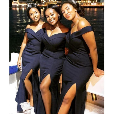 Off Shoulder Navy Side Slit Mermaid Cheap Long Cheap Bridesmaid Dresses Online, WG644
