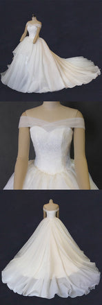 Off Shoulder Organza  A line Long Tail Wedding Dresses, Corset Custom Made Long Wedding Gown, Cheap Wedding Gowns, WD207