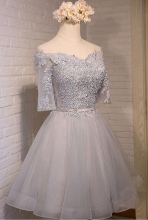 Off Shoulder Short Sleeve Gary Lace Homecoming Prom Dresses, Affordable Short Party Prom Dresses, Perfect Homecoming Dresses, CM269