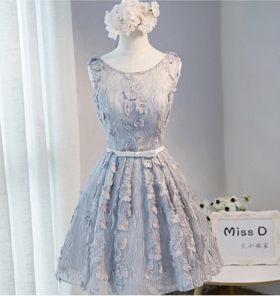 Open Back Gray Lace Scoop Neckline Homecoming Prom Dresses, Affordable Short Party Prom Dresses, Perfect Homecoming Dresses, CM274