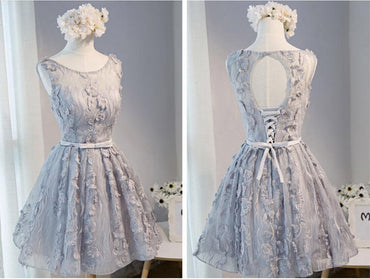 Open Back Gray Lace Scoop Neckline Homecoming Prom Dresses, Affordable Short Party Prom Dresses, Perfect Homecoming Dresses, CM274