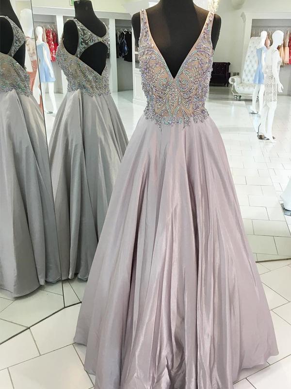 Open Back Grey Beaded V Neck Long Evening Prom Dresses, 17516