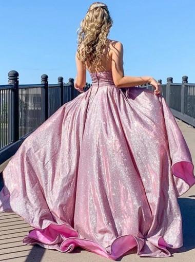 Pink A-line Spaghetti Straps V-neck Long Party Prom Dresses, Dance Dresses,12361