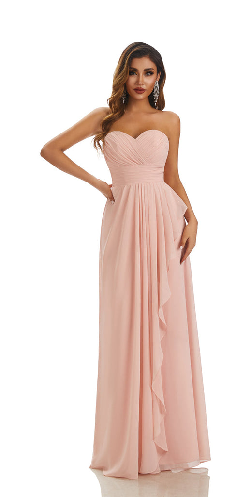 Pink A-line Strapless Sweetheart Cheap Chiffon Long Bridesmaid Dresses,WG1422