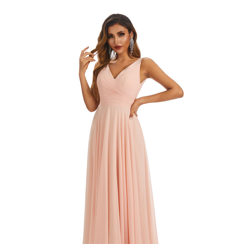 Pink A-line Straps V-neck Cheap Chiffon Long Bridesmaid Dresses,WG1423