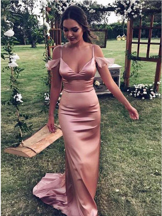 Pink Mermaid Off Shoulder V-neck Cheap Long Prom Dresses Online,12397