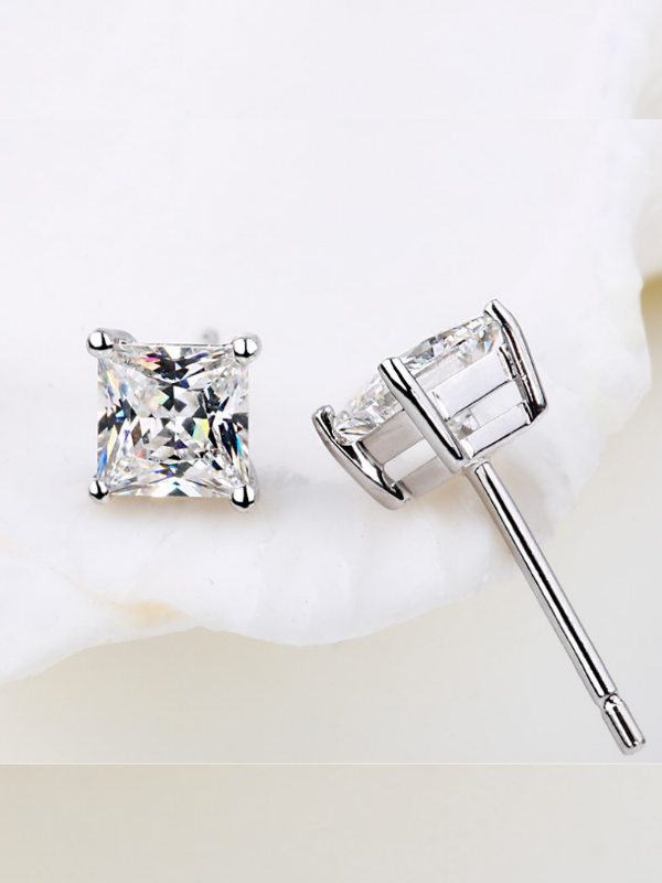 Platinum Plated Sterling Silver Cushion Cut Cubic Zirconia Stud Earrings