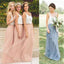 Popular Cheap Junior Off Shoulder Scoop Neck White Blush Pink Tulle Long Bridesmaid Dresses, WG40