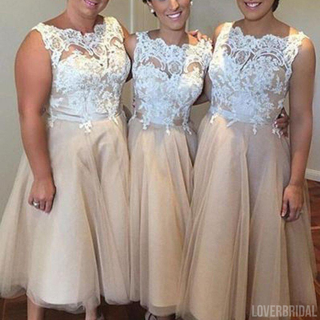 Pretty Iovry Lace Top Tulle Tea Length Affordable Bridesmaid Dresses for Wedding Party, WG166