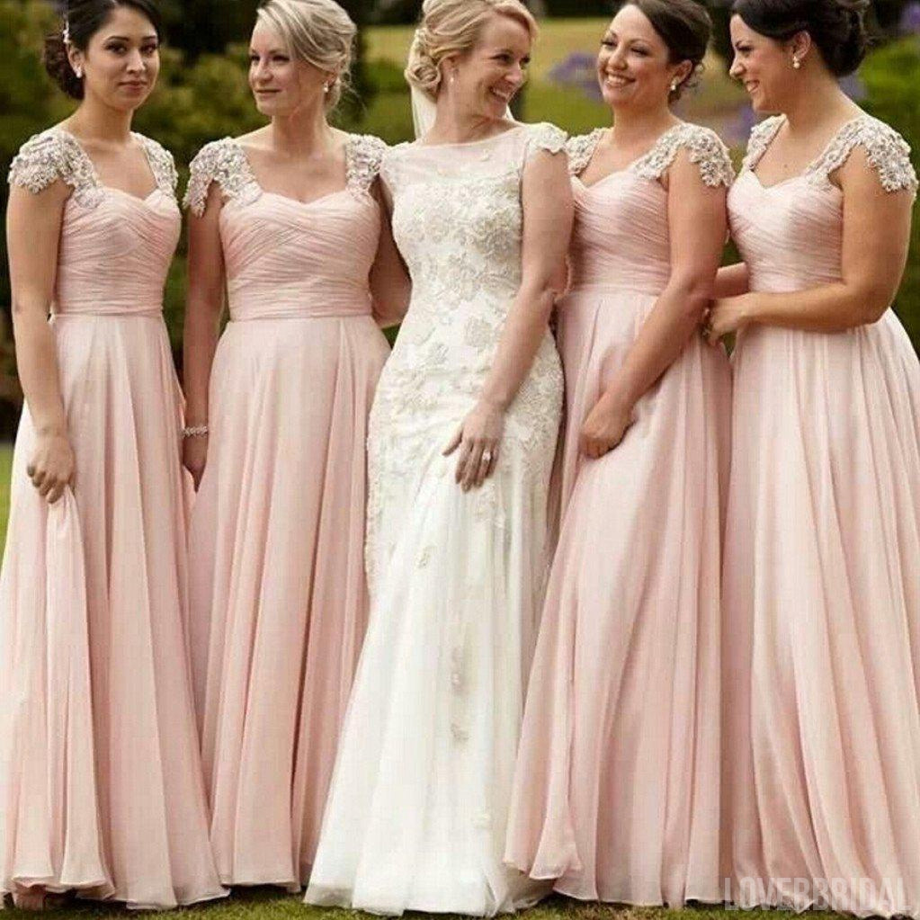 Pretty Junior Cap Sleeve Blush Pink Chiffon Formal A Line Floor-Length Cheap Bridesmaid Dresses, WG85