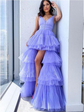 Purple A-line Straps V-neck Long Prom Dresses Online, Dance Dresses,12416