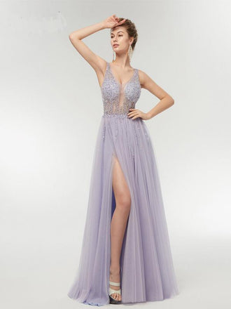 Purple A-line V-neck See Through High Slit Long Party Prom Dresses Online,12366