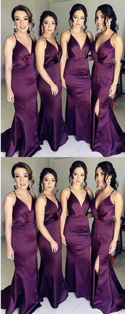 Purple Side Slit Mermaid Cheap Long Bridesmaid Dresses Online, WG285