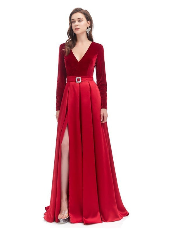 Red A-line Long Sleeves High Slit V-neck Cheap Prom Dresses Online,12580