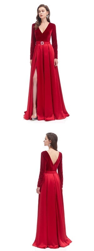 Red A-line Long Sleeves High Slit V-neck Cheap Prom Dresses Online,12580