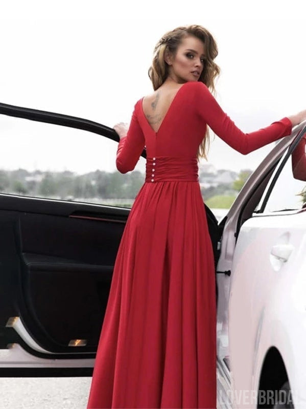 Red A-line Long Sleeves V-neck High Slit Cheap Long Prom Dresses Online,12602