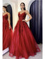 Red A-line Spaghetti Straps V-neck Cheap Long Prom Dresses Online,12529