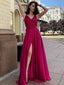 Red A-line Spaghetti Straps V-neck High Slit Long Prom Dresses Online,12441