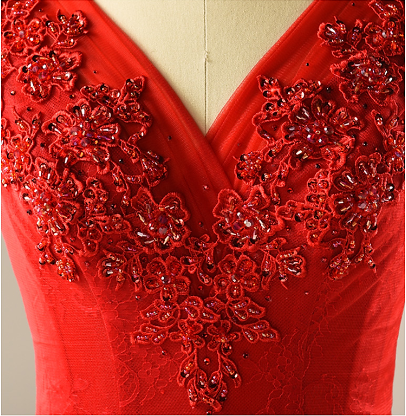 Red A line Tulle Wedding Dresses,  2017 Corset back Tea Length Custom Wedding Gowns, Affordable Bridal Dresses, 18002