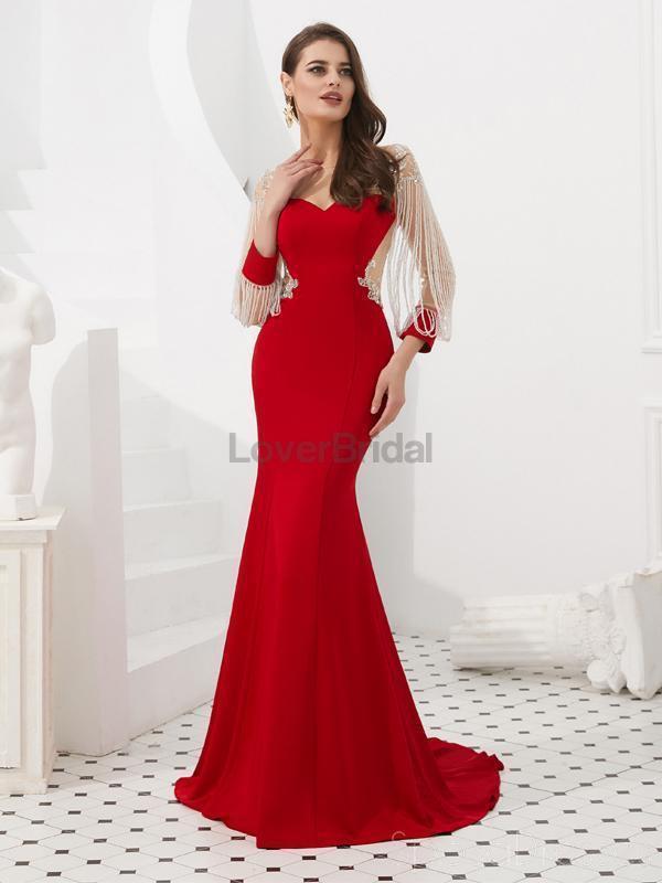 Red Long Sleeves See Through Back Beaded Mermaid Evening Prom Dresses, Evening Party Prom Dresses, 12082