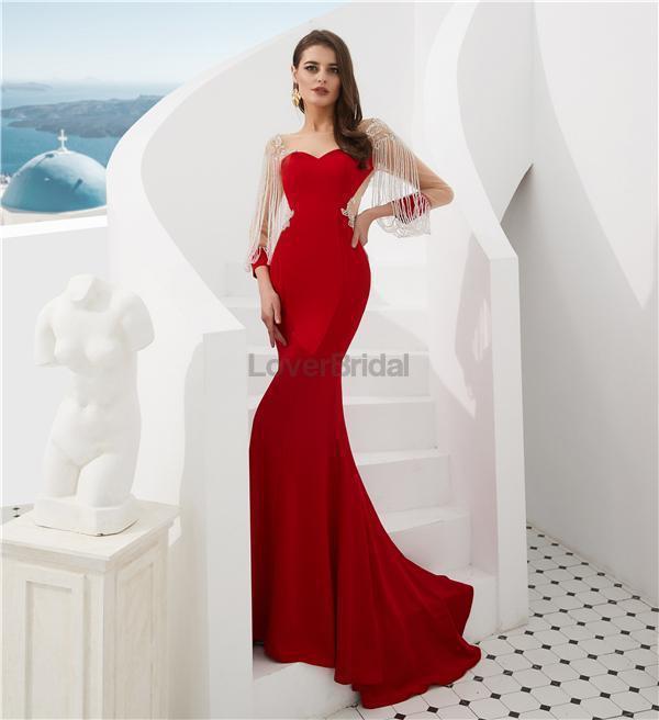 Red Long Sleeves See Through Back Beaded Mermaid Evening Prom Dresses, Evening Party Prom Dresses, 12082