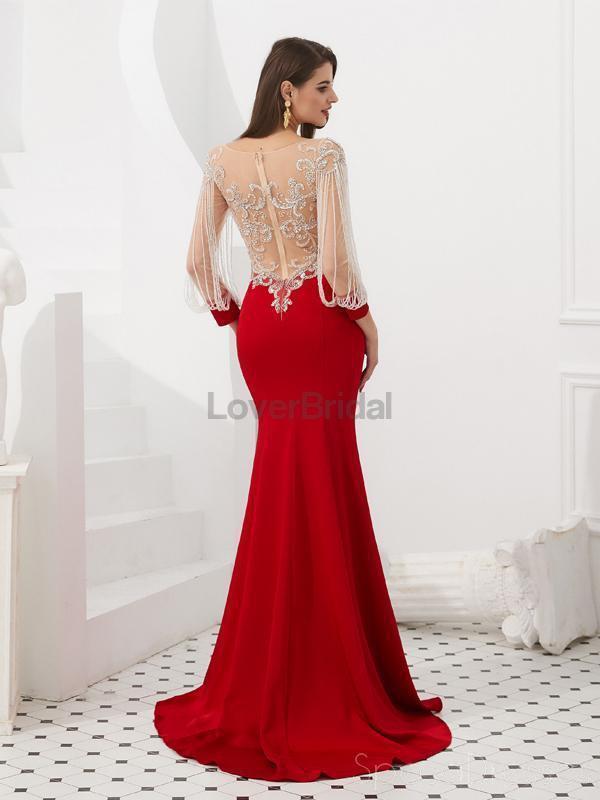 Red Long Sleeves See Through Back Beaded Mermaid Evening Prom Dresses, Evening Party Prom Dresses, 12082