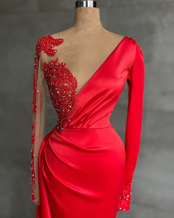 Red Mermaid Long Sleeves V-neck Cheap Long Prom Dresses,12679