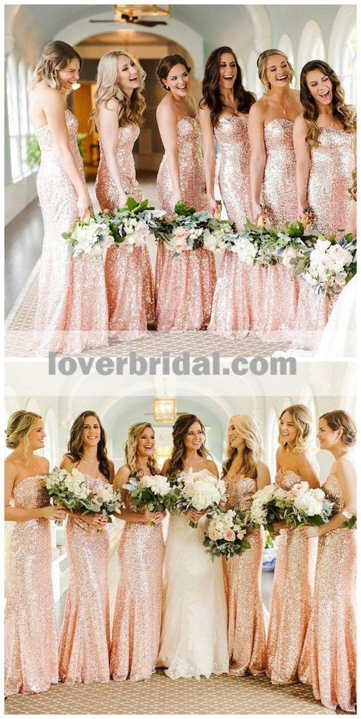 Rose Gold Sequin Mermaid Custom Long Bridesmaid Dresses, WG227