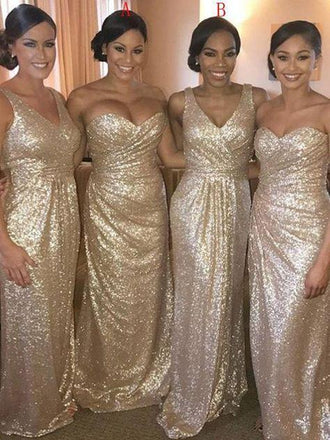 Rose Gold Sparkly Mismatched Sequin Long Bridesmaid Dresses, Cheap Unique Custom Long Bridesmaid Dresses, Affordable Bridesmaid Gowns, BD104