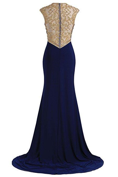 Royal Blue Gold Beaded Side Slit Mermaid Long Evening Prom Dresses, 17677