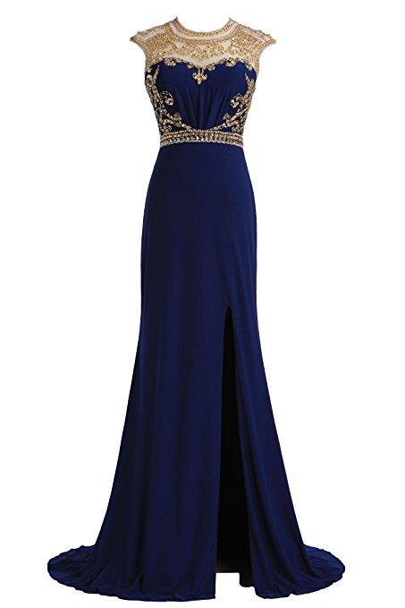 Royal Blue Gold Beaded Side Slit Mermaid Long Evening Prom Dresses, 17677